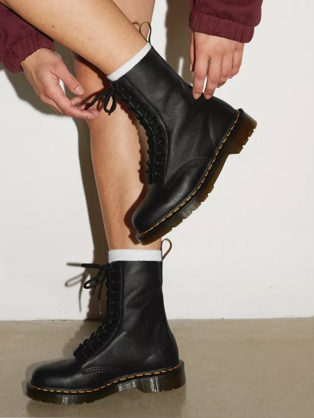 Dr. Martens 1490 Black Leather Lace-Up Combat Boots with Yellow Stitching